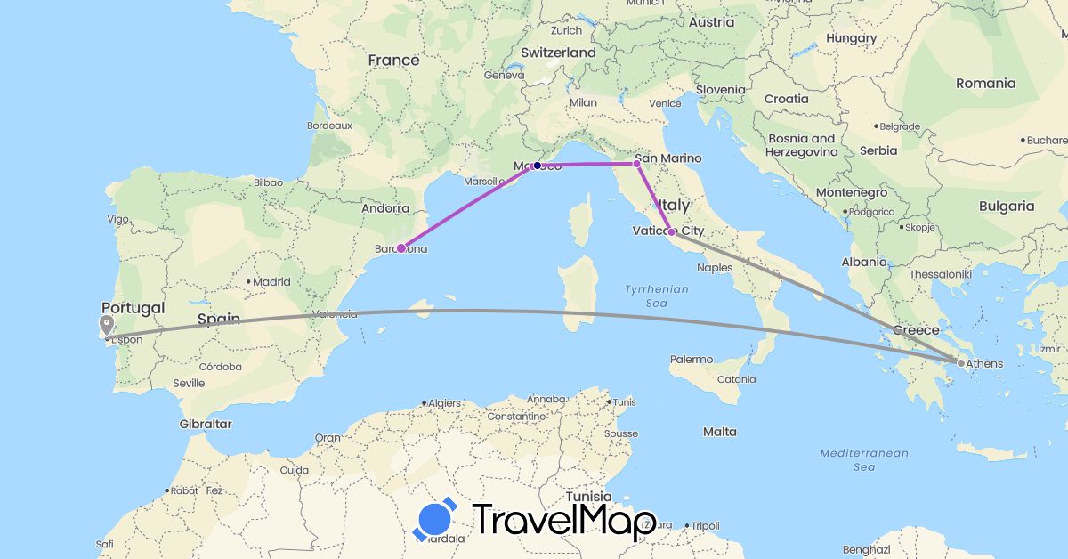TravelMap itinerary: driving, plane, train in Spain, France, Greece, Italy, Monaco, Portugal (Europe)
